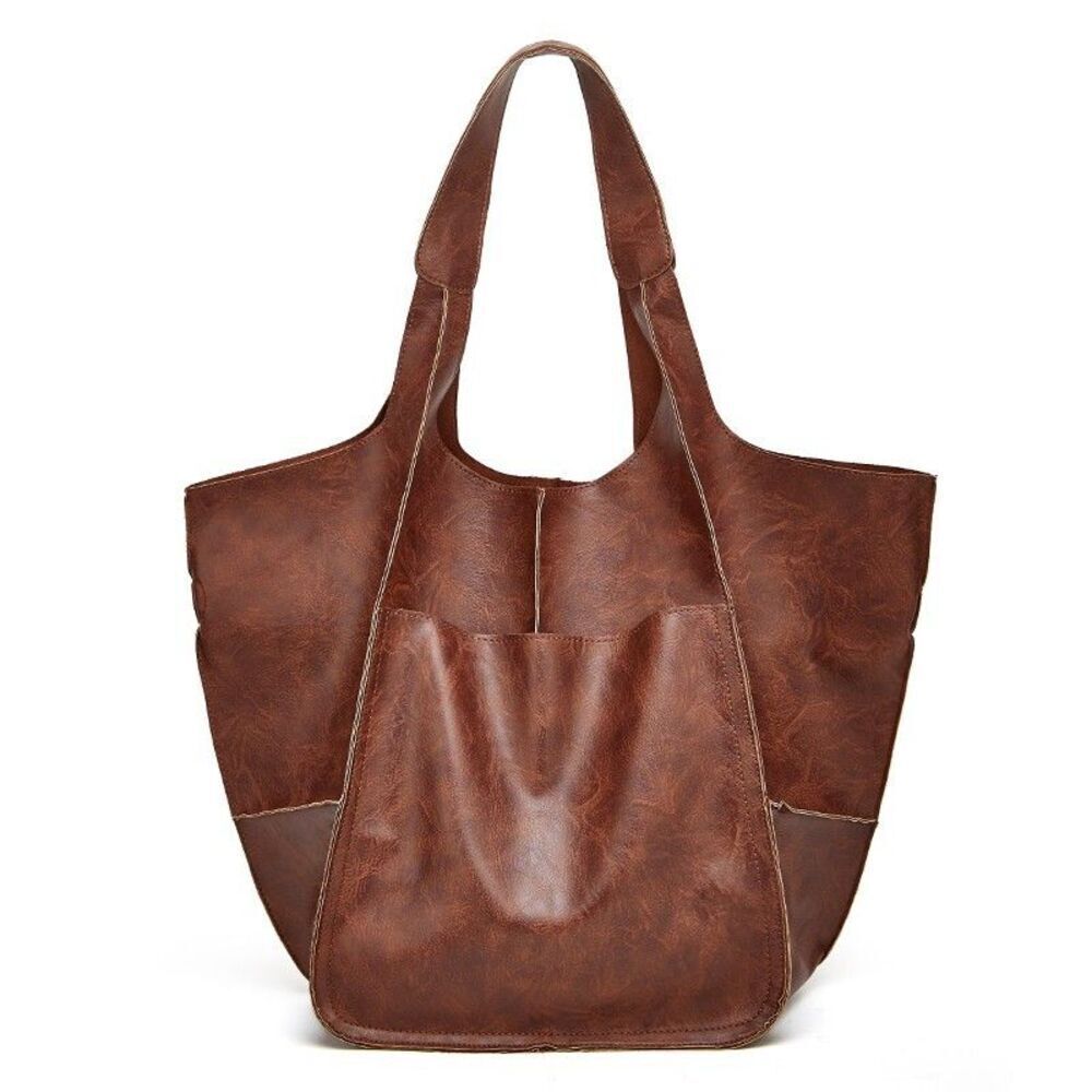Women's Brown Tall Bucket Expandable Tote Handbag Shoulder Bag Tote Satchel